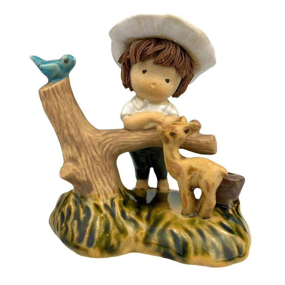 Vtg Boy Whistling Deer Fawn Blue Bird Figurine Ceramic Bluebird UCTCI Japan